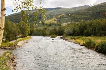 Landscape with river and mountain in Norway.