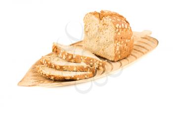 Whole grain bread bun with oat on wooden tray isolated on white background.