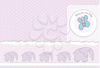 Royalty Free Clipart Image of a Baby Announcement With a Butterfly and Elephants