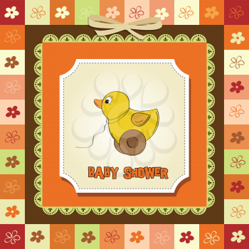 Royalty Free Clipart Image of a Toy Duck on a Baby Shower Background