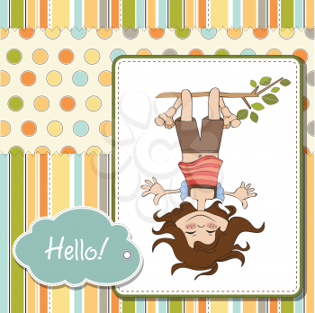 Royalty Free Clipart Image of a Girl Hanging Upside Down