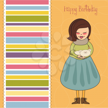 Royalty Free Clipart Image of a Happy Birthday Card With a Girl Holding a Cat