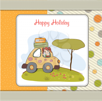 Royalty Free Clipart Image of a Happy Girl in a Car on a Happy Holiday Message