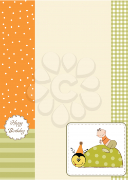 Royalty Free Clipart Image of a Birthday Card With a Boy on a Ladybug