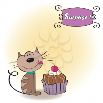 Royalty Free Clipart Image of a Cat With Cake Under the Word Surprise