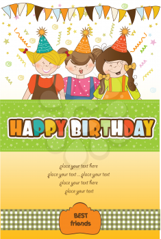 Royalty Free Clipart Image of a Happy Birthday Message With Children in Party Hats