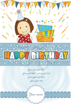 Royalty Free Clipart Image of a Birthday Card With a Girl and a Cake