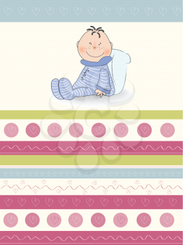 Royalty Free Clipart Image of a Baby Boy on a Background With Pink Dots