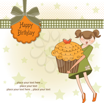 Royalty Free Clipart Image of a Birthday Greeting With a Girl Holding a Cupcake