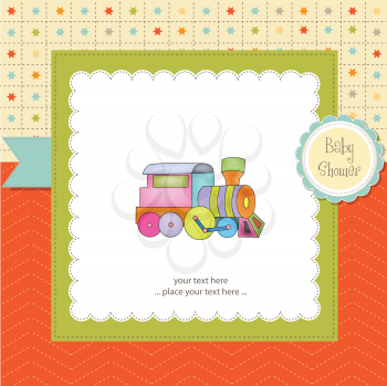 Royalty Free Clipart Image of a Train on a Baby Shower Background
