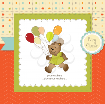Royalty Free Clipart Image of a Baby Shower Invitation With a Bear Holding Balloons