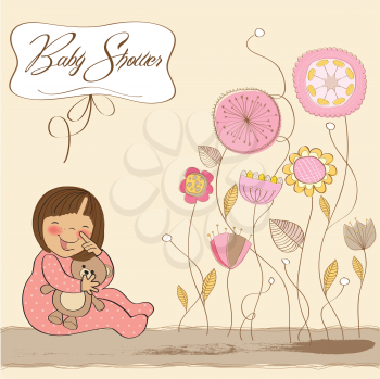 Royalty Free Clipart Image of a Baby Shower Invitation With a Girl and Flowers