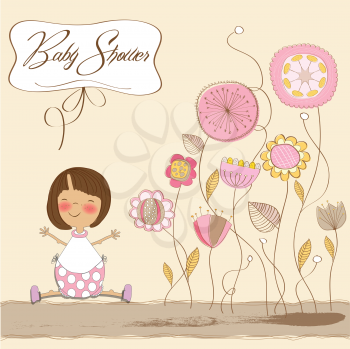 Royalty Free Clipart Image of a Baby Shower Invitation With Flowers and a Girl