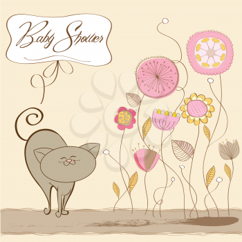 Royalty Free Clipart Image of a Baby Shower Card With a Cat in a Garden