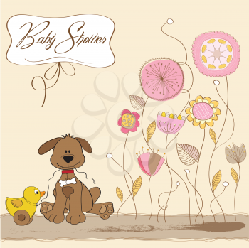 Royalty Free Clipart Image of a Baby Shower Invitation With a Dog in a Garden