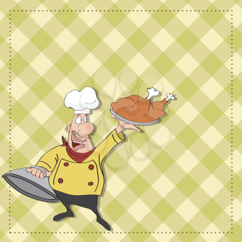 Royalty Free Clipart Image of a Cartoon Chef Holding a Roast Turkey