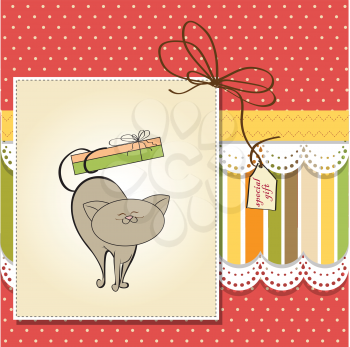 Royalty Free Clipart Image of a Card With a Cat Holding a Gift