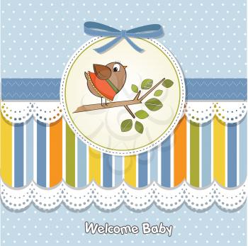 Royalty Free Clipart Image of a Welcome Baby Card With a Bird in a Tree