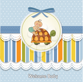 Royalty Free Clipart Image of a Welcome Baby Card With a Baby on a Turtle