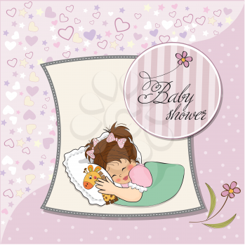 Royalty Free Clipart Image of a Baby Shower Card With a Little Sleeping Girl