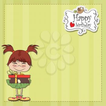 Royalty Free Clipart Image of a Birthday Card With a Girl Holding a Gift