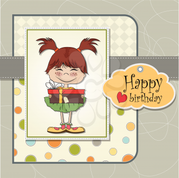 Royalty Free Clipart Image of a Birthday Card With a Little Girl Holding a Gift