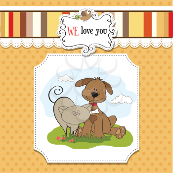 Royalty Free Clipart Image of a Dog and Cat Friendship