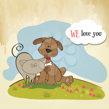 Royalty Free Clipart Image of a Cat and Dog on a We Love You Message