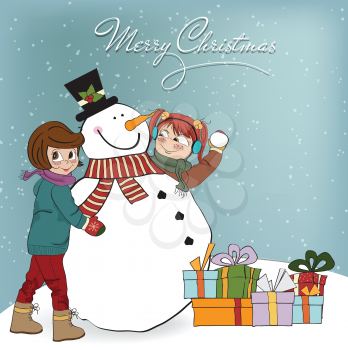 Royalty Free Clipart Image of Two Girls Building a Snowman