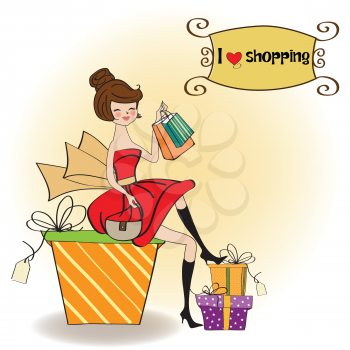 pretty young woman who is happy that she went shopping, vector illustration