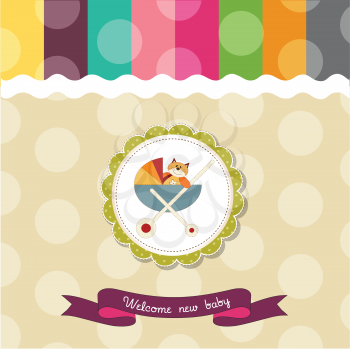 funny baby shower card with pram and cat toy, vector illustration