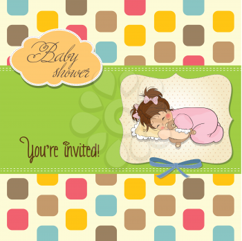 little baby girl play with her teddy bear toy. new baby announcement card