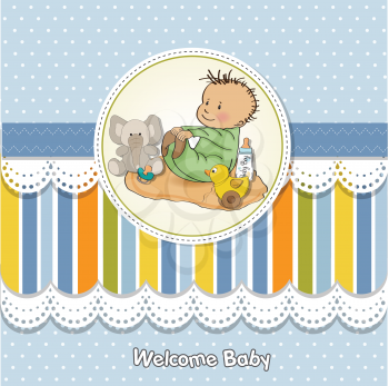 little baby boy play with his toys. shower card in vector format