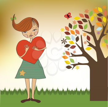 romantic young girl with big heart, vector illustration