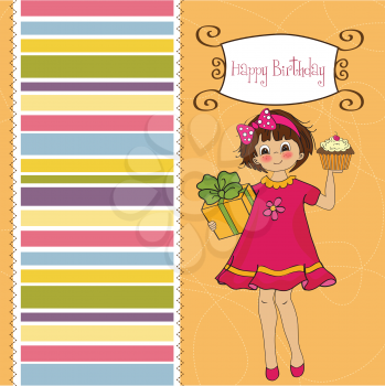 birthday greeting card with girl and big cupcake, illustration in vector format