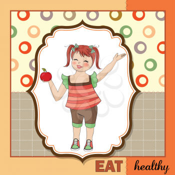 pretty young girl recommends healthy food, vector illustration