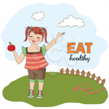 pretty young girl recommends healthy food, vector illustration