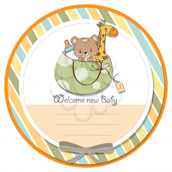 new baby announcement card with bag and same toys