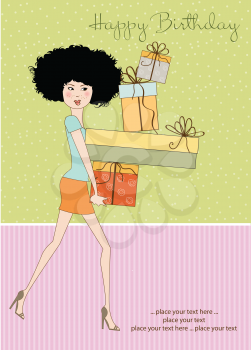 birthday card - pretty young lady with arms full of gifts