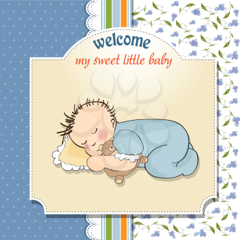 baby shower card with little baby boy sleep with his teddy bear toy