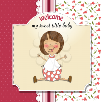 new baby girl announcement card with little girl, vector illustration