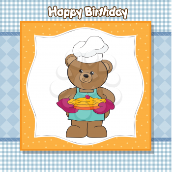 teddy bear with pie. birthday greeting card