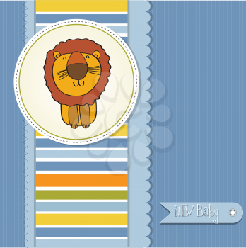childish baby shower card with cartoon lion, vector illustration