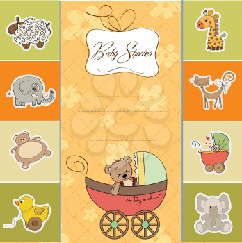 funny teddy bear in stroller, baby announcement card
