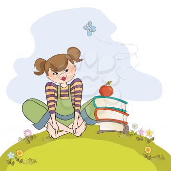 studious girl sitting barefoot in the grasss, vector illustration