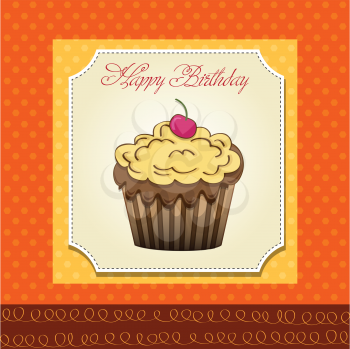 cute happy birthday card with cupcake. vector illustration