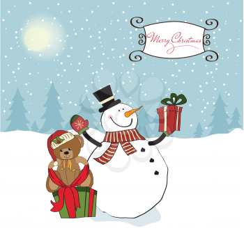 Christmas greeting card with snowman, vector illustration