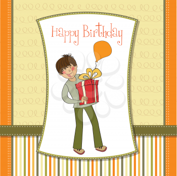birthday card with boy and big gift box
