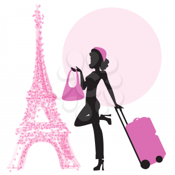  young  woman with suitcase in Paris, illustration in vector format