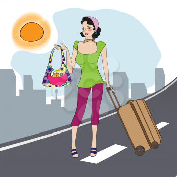  young  woman with suitcase, illustration in vector format
